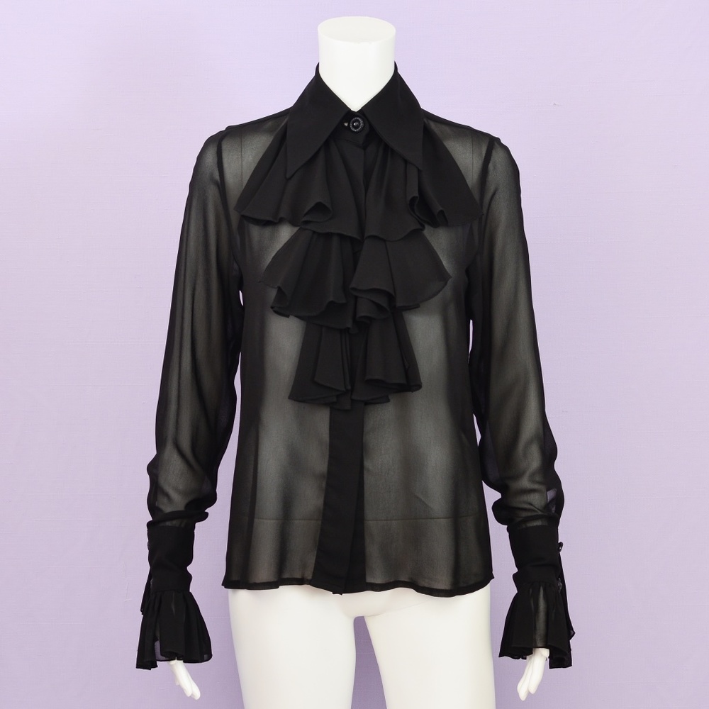 BLACK RUFFLE BLOUSE 90s y2k vintage Sheer rayon Whimsigoth goth mod Anna Sui p s